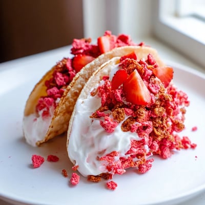 Golden baked tortilla shells overflow with fluffy cheesecake mousse and vibrant strawberry crunch topping